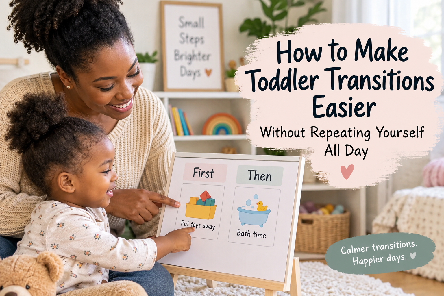 Mother using a First Then board to help toddler with transitions